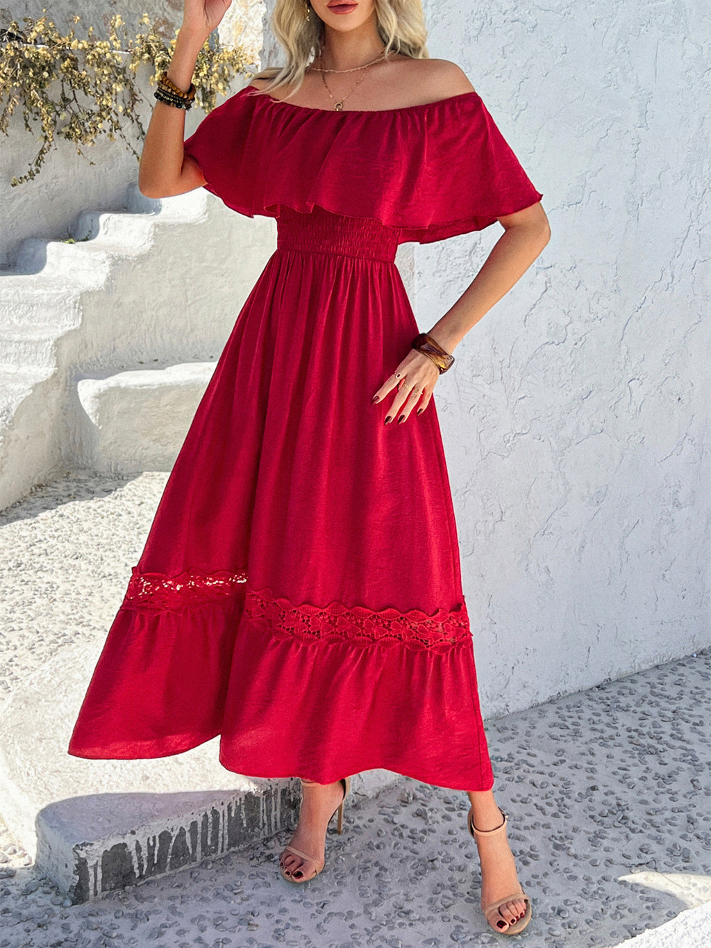 Off Shoulder Flounce Tiered Maxi Dress - Red