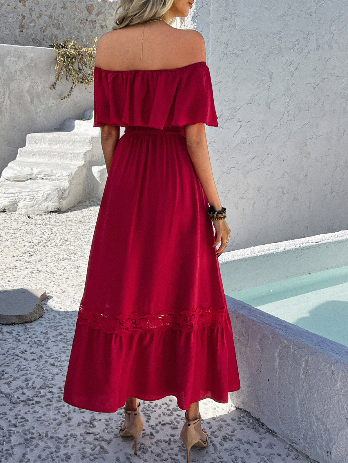 Off Shoulder Flounce Tiered Maxi Dress - Red - 1