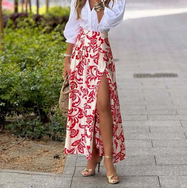 Paisley Print High Waist Slit Maxi Skirt - Red - 1