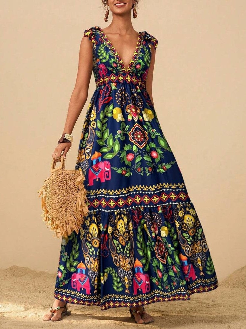 Tie Shoulder Boho Print Tiered Maxi Dress - Black