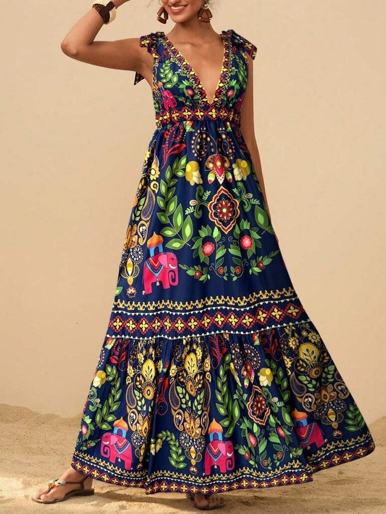 Tie Shoulder Boho Print Tiered Maxi Dress - Black - 1