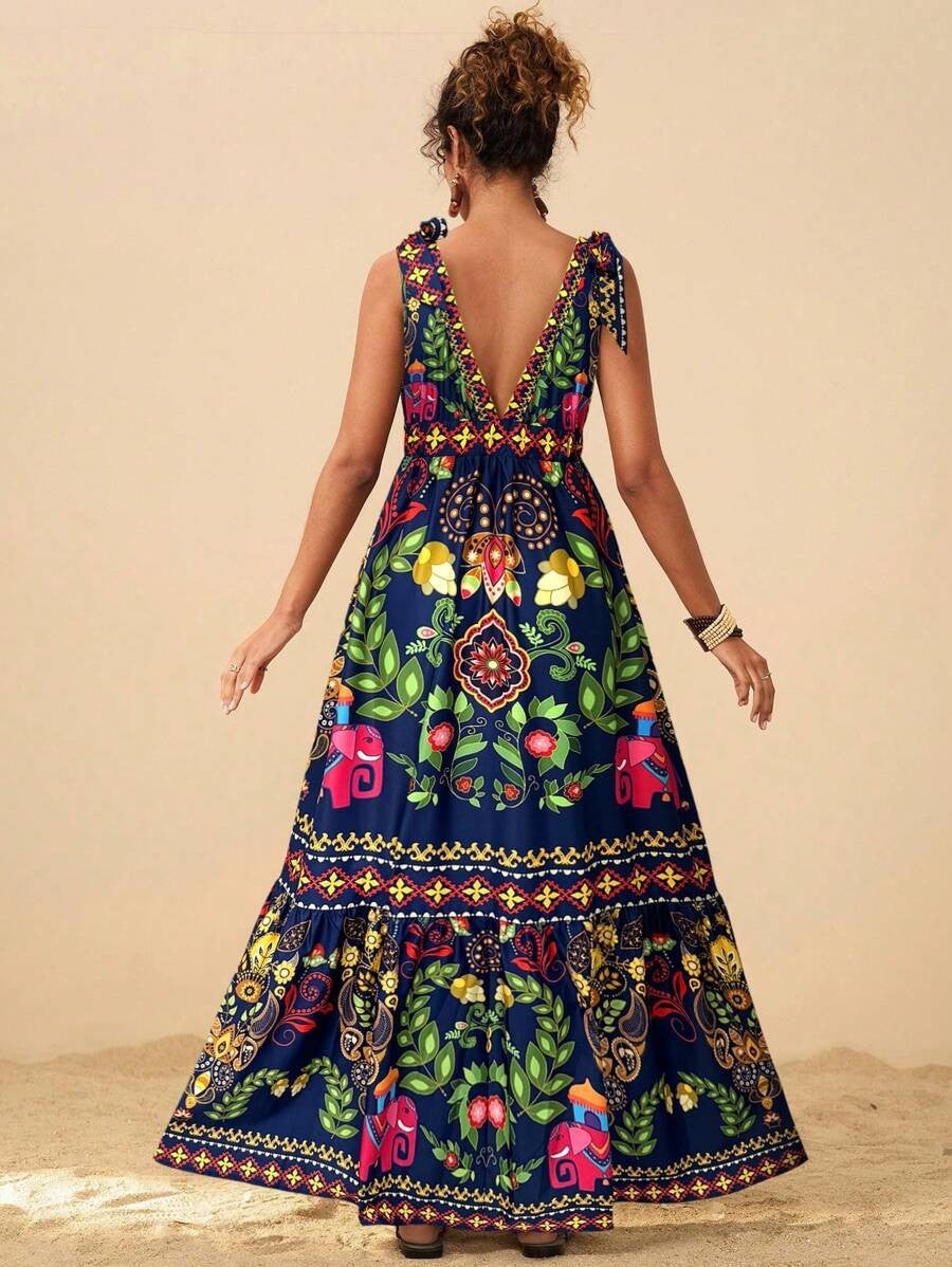 Tie Shoulder Boho Print Tiered Maxi Dress - Black - 2