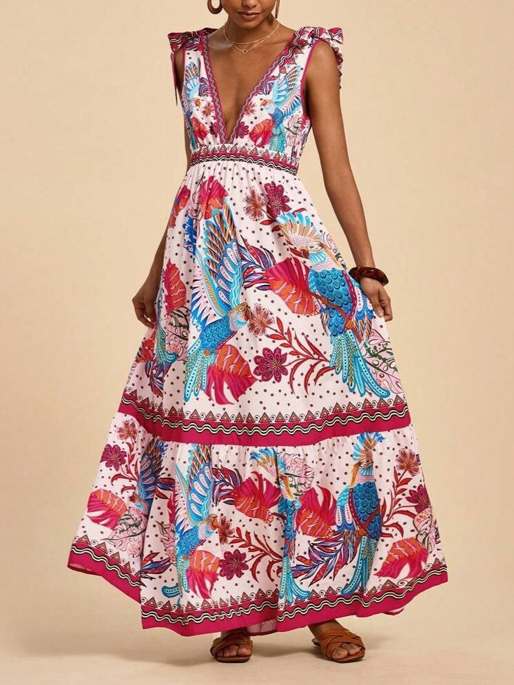 Tie Shoulder Boho Print Tiered Maxi Dress - DarkRed