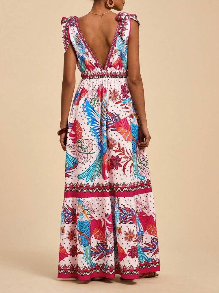 Tie Shoulder Boho Print Tiered Maxi Dress - DarkRed - 1