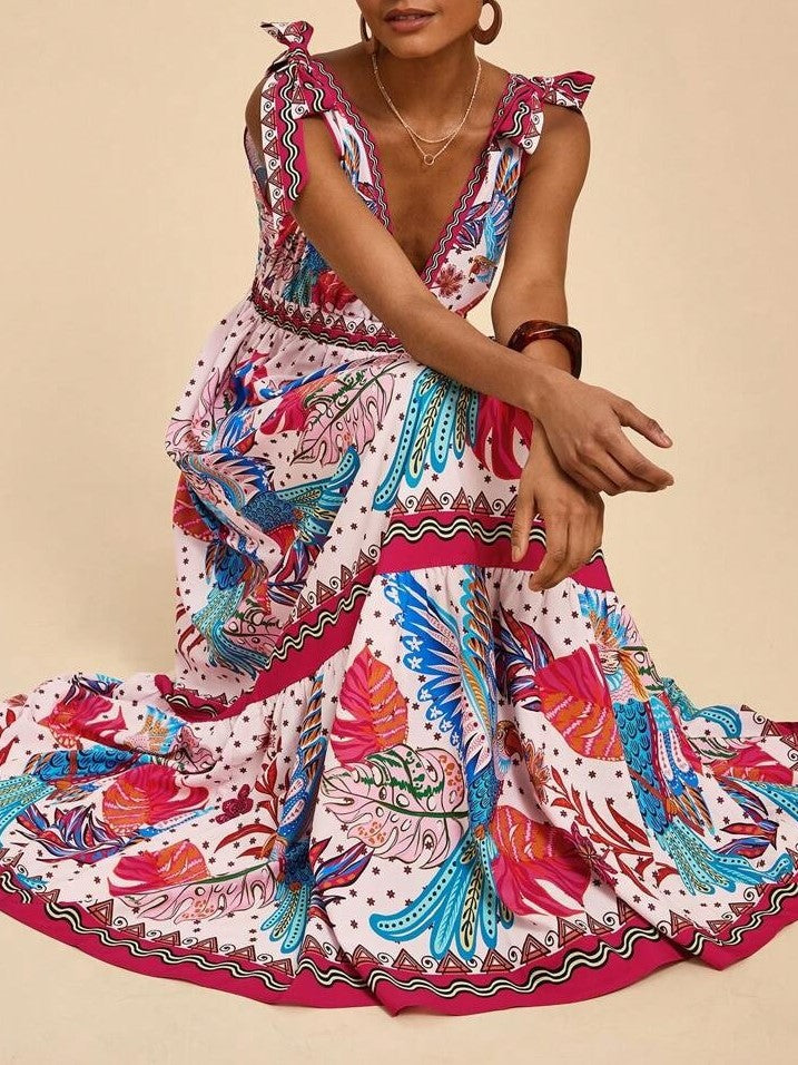 Tie Shoulder Boho Print Tiered Maxi Dress - DarkRed - 2