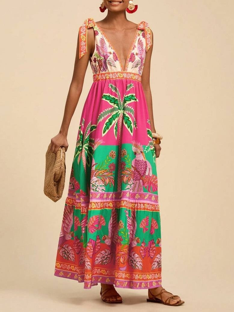 Tie Shoulder Boho Print Tiered Maxi Dress - Fuchsia