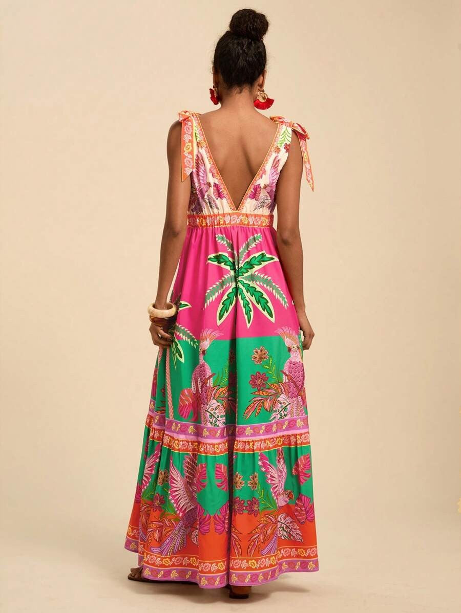 Tie Shoulder Boho Print Tiered Maxi Dress - Fuchsia - 1