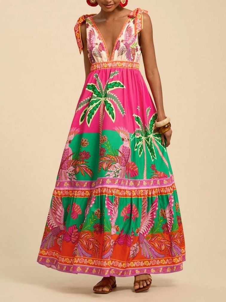 Tie Shoulder Boho Print Tiered Maxi Dress - Fuchsia - 2