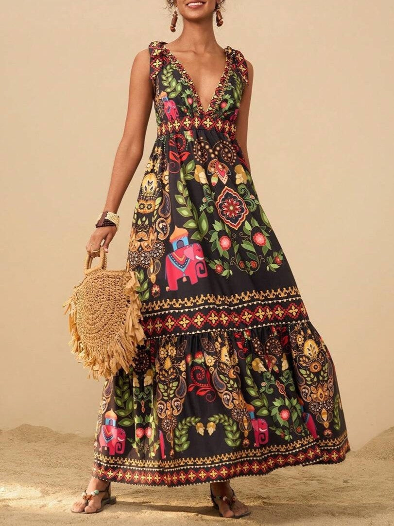 Tie Shoulder Boho Print Tiered Maxi Dress - Navy