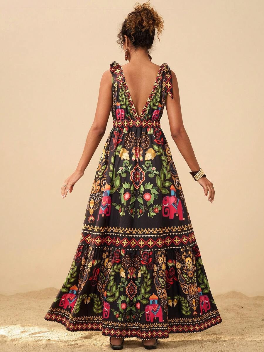 Tie Shoulder Boho Print Tiered Maxi Dress - Navy - 1