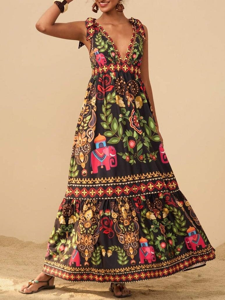 Tie Shoulder Boho Print Tiered Maxi Dress - Navy - 2