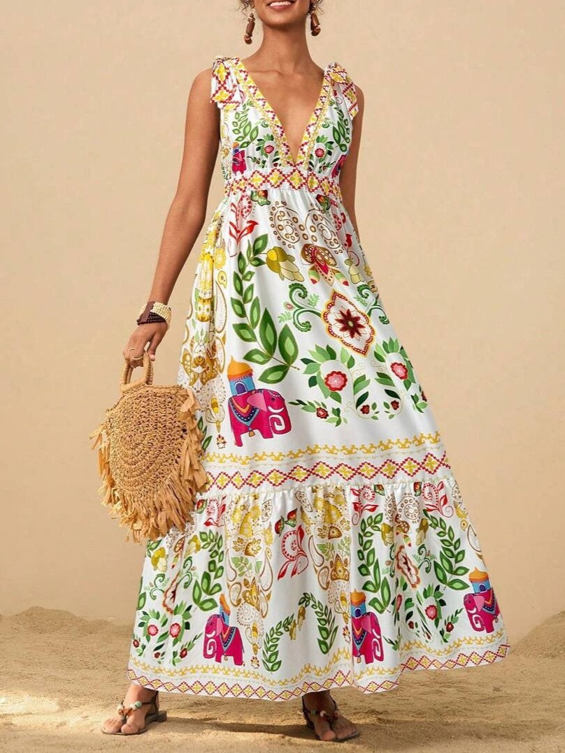 Tie Shoulder Boho Print Tiered Maxi Dress - WhiteG