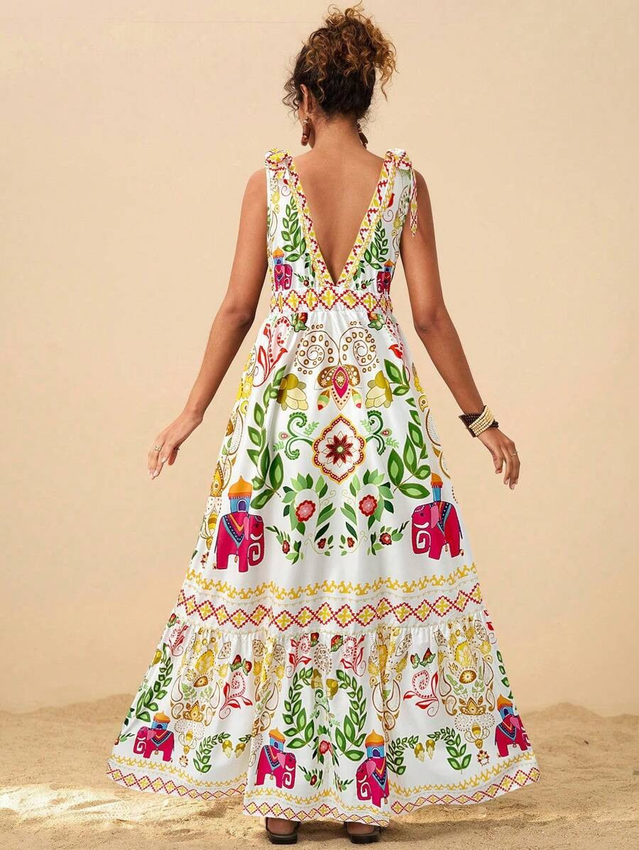 Tie Shoulder Boho Print Tiered Maxi Dress - WhiteG - 1