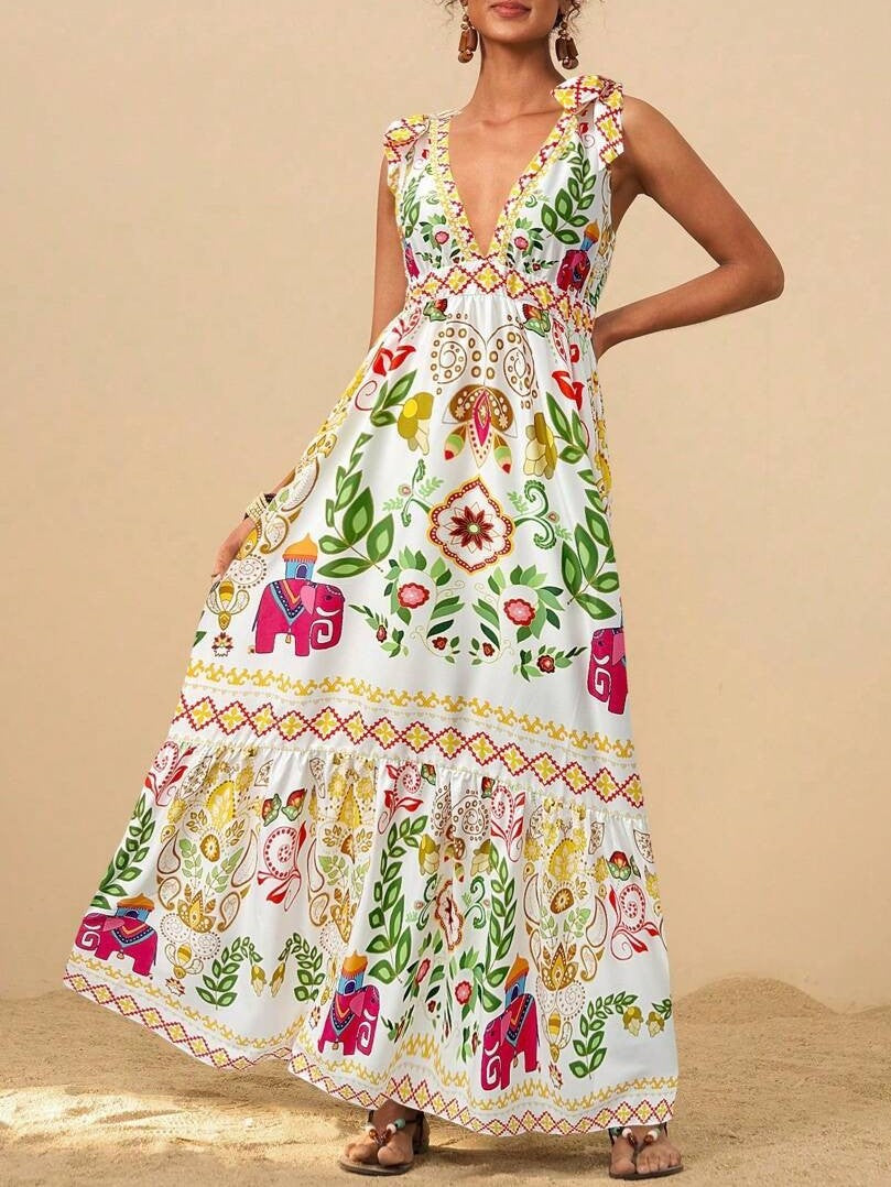 Tie Shoulder Boho Print Tiered Maxi Dress - WhiteG - 2