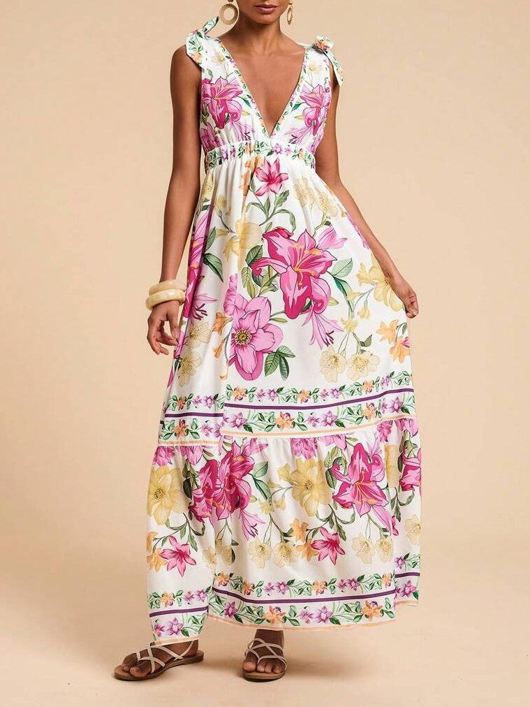 Tie Shoulder Boho Print Tiered Maxi Dress - WhiteP