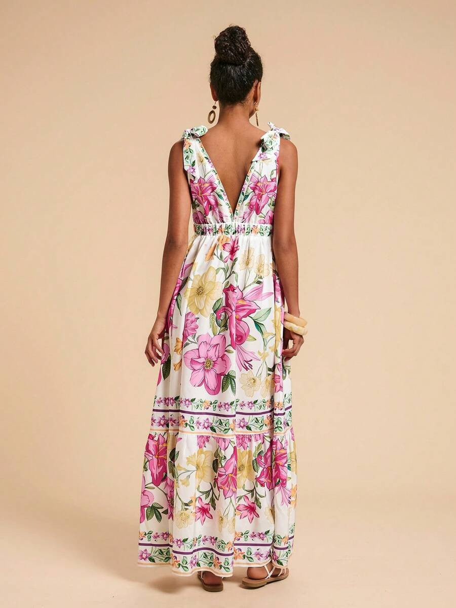 Tie Shoulder Boho Print Tiered Maxi Dress - WhiteP - 1