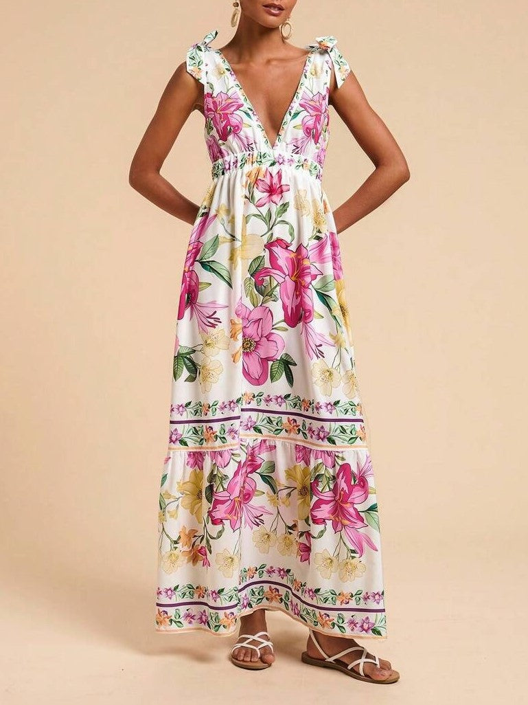 Tie Shoulder Boho Print Tiered Maxi Dress - WhiteP - 2