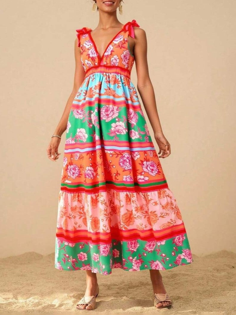 Tie Shoulder Boho Print Tiered Maxi Dress - orange