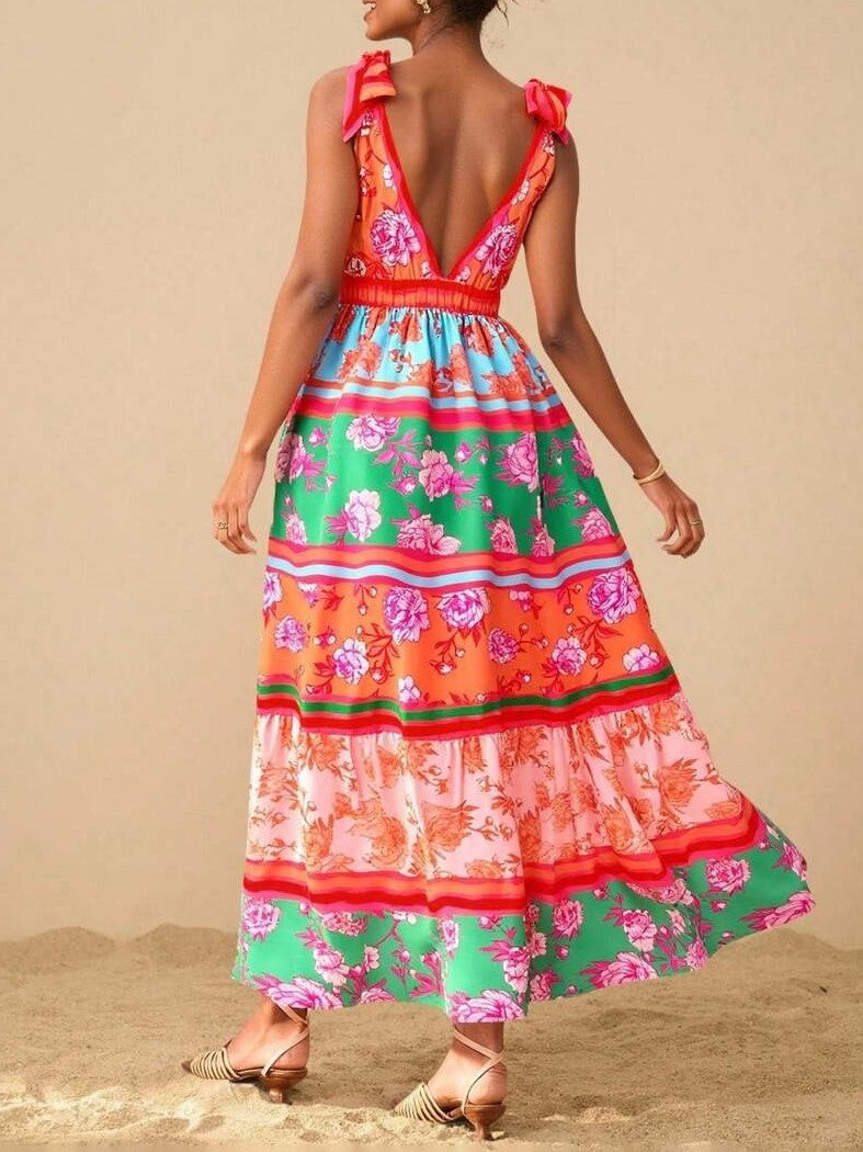 Tie Shoulder Boho Print Tiered Maxi Dress - orange - 1