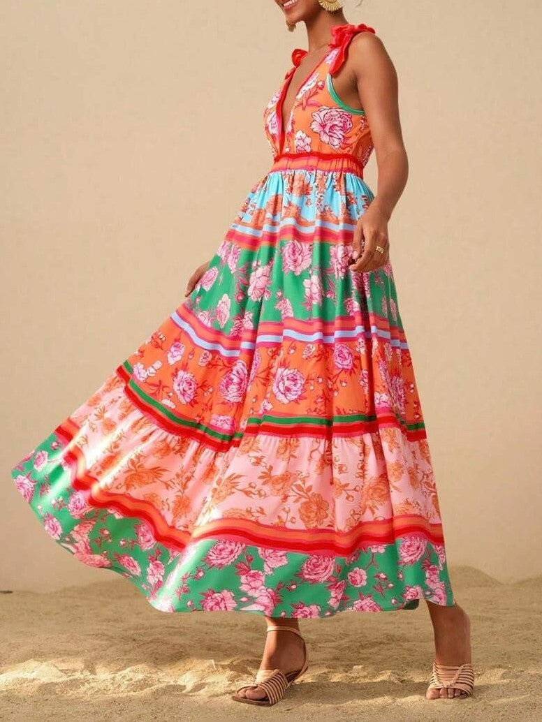 Tie Shoulder Boho Print Tiered Maxi Dress - orange - 2