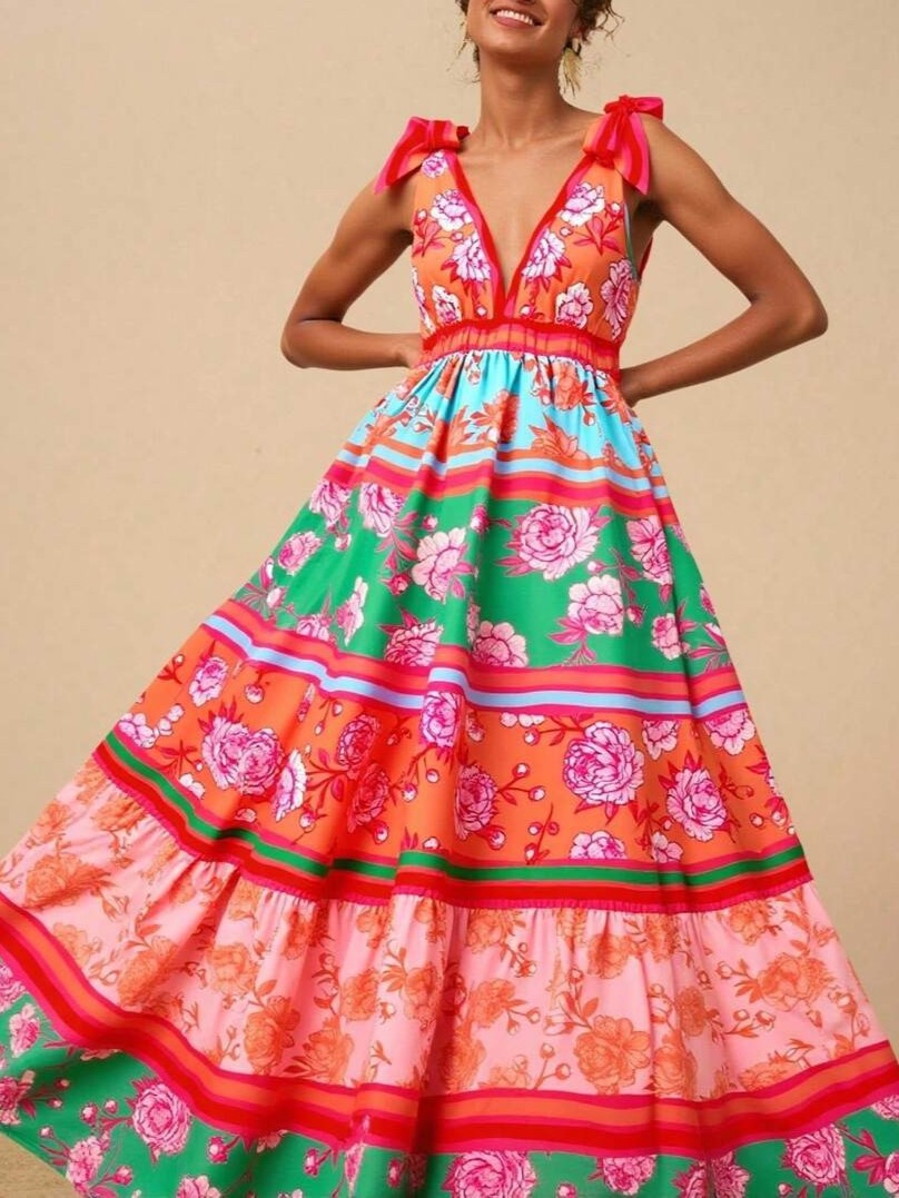 Tie Shoulder Boho Print Tiered Maxi Dress - orange - 3
