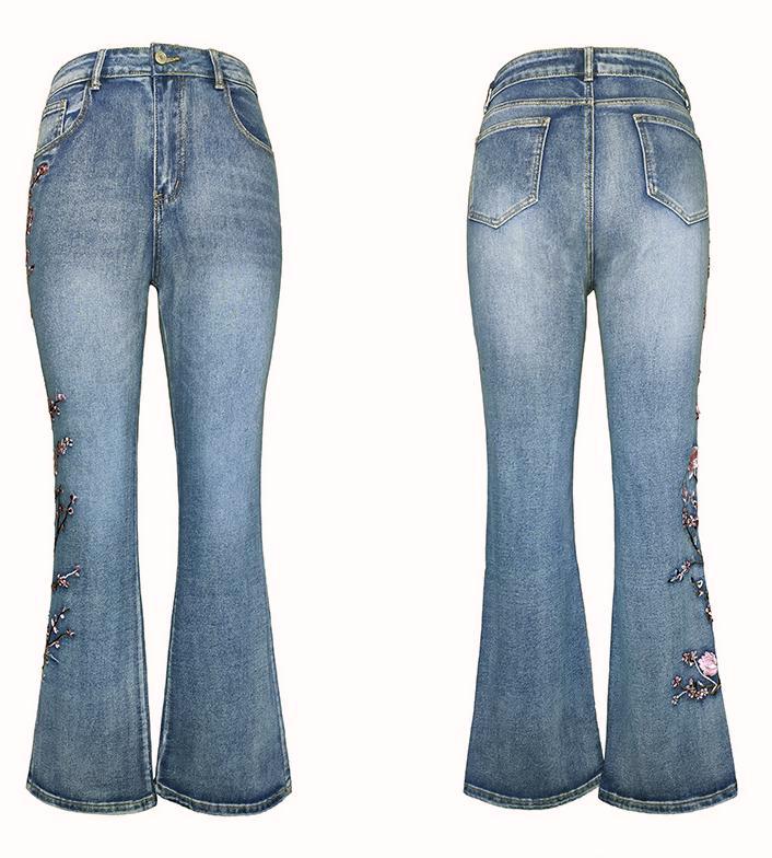 Blossom Stitch Flare Leg Denim Jeans - Blue