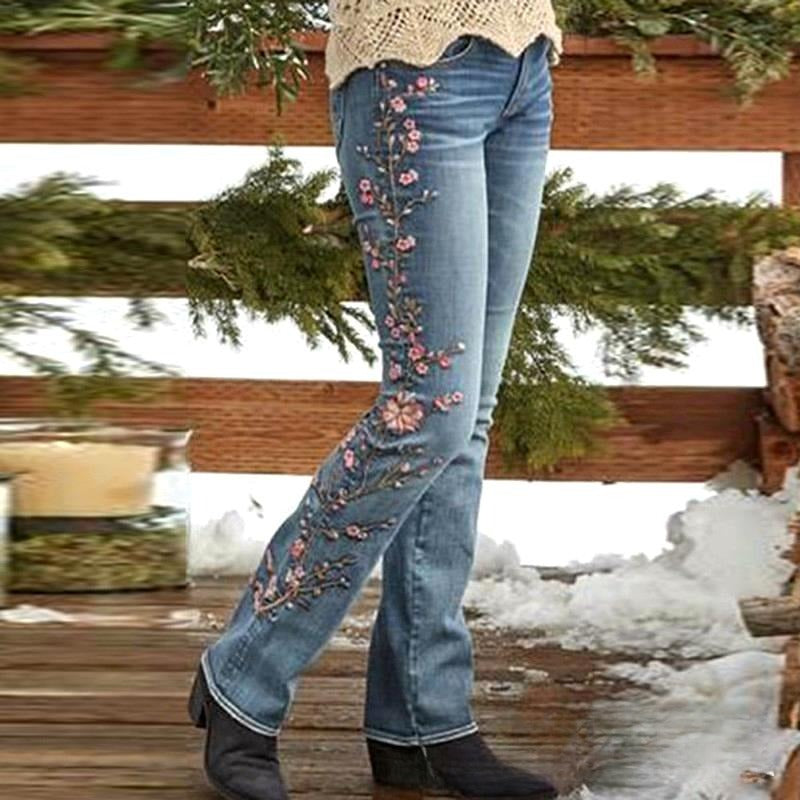 Blossom Stitch Flare Leg Denim Jeans - Blue - 3