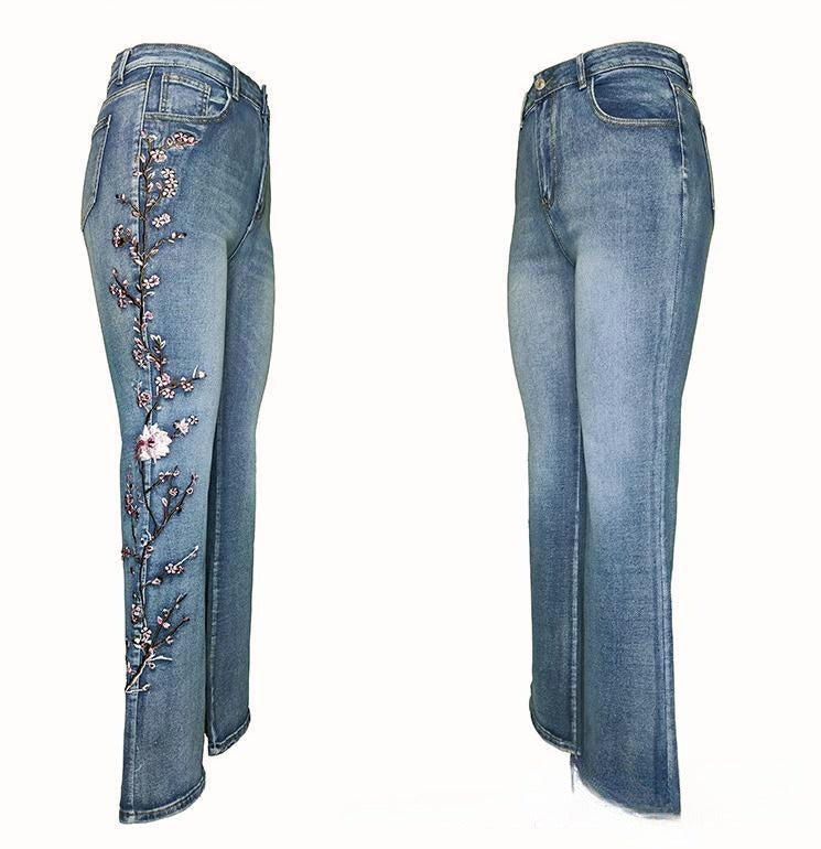 Blossom Stitch Flare Leg Denim Jeans - Blue - 4
