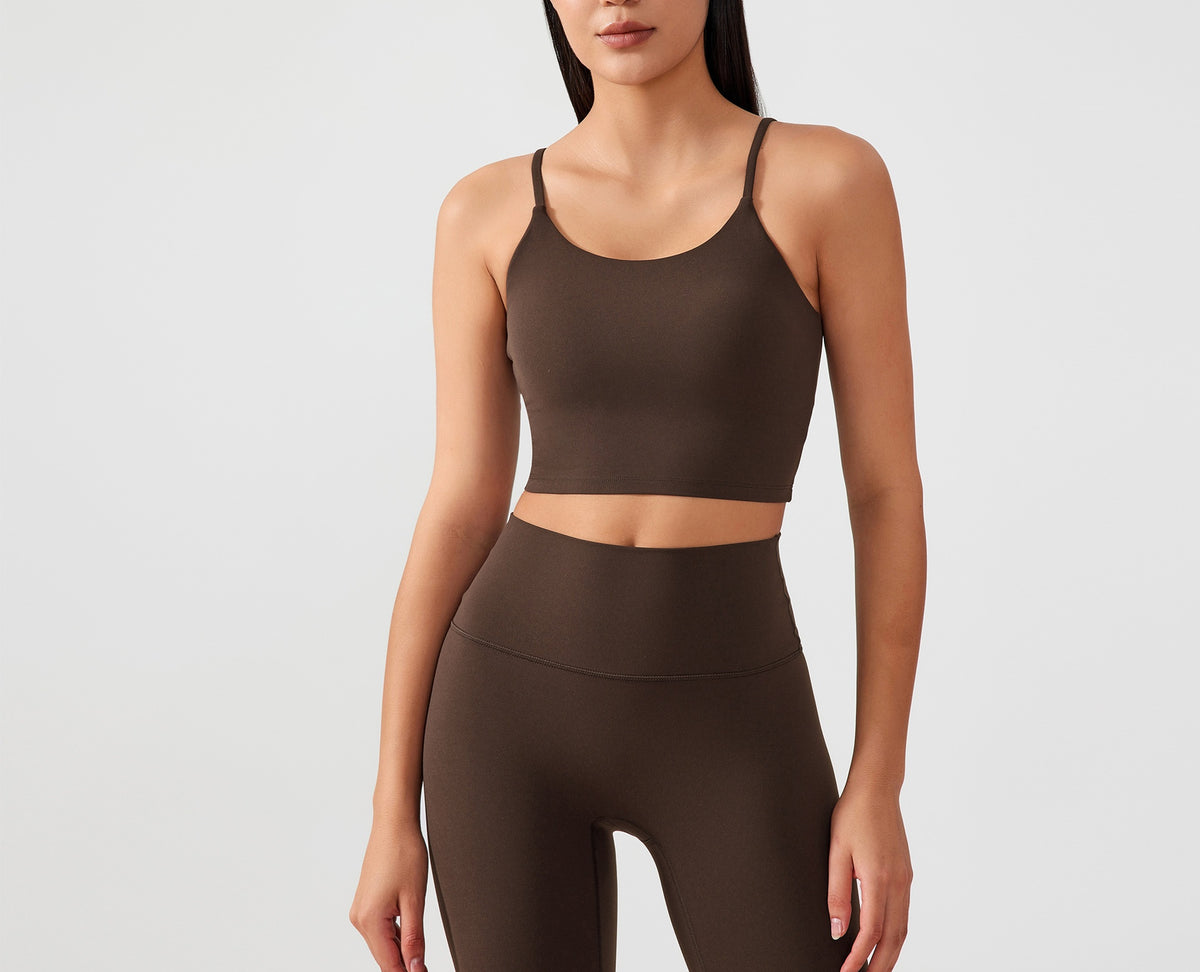 Strappy Padded Cropped Sports Tank Top - Coffee