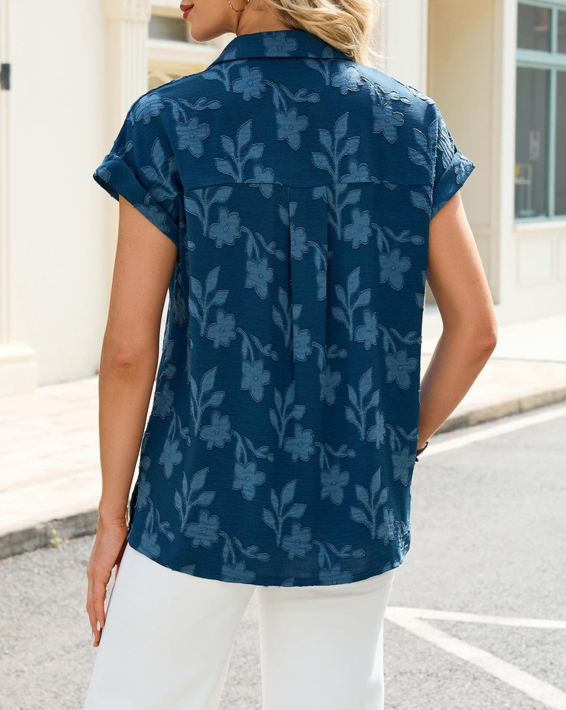 Jacquard Floral Short Sleeve Button Up Shirt - Blue - 2