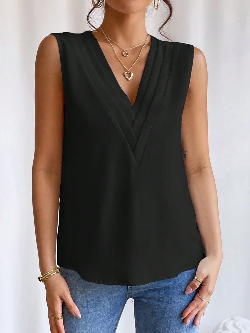 Pleated Surplice V Neck Sleeveless Blouse - black