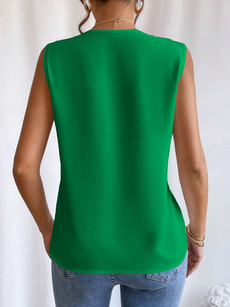 Pleated Surplice V Neck Sleeveless Blouse - green - 2