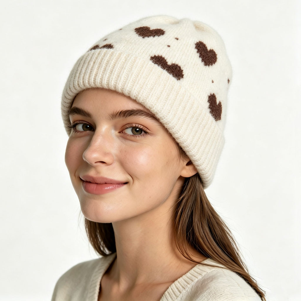 Heart Pattern Fold Over Cuff Knit Beanie - Beige