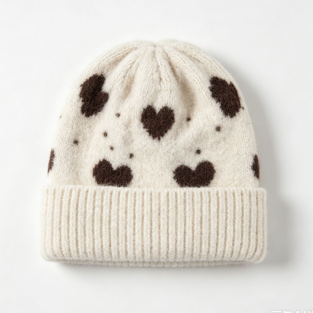 Heart Pattern Fold Over Cuff Knit Beanie - Beige - 1
