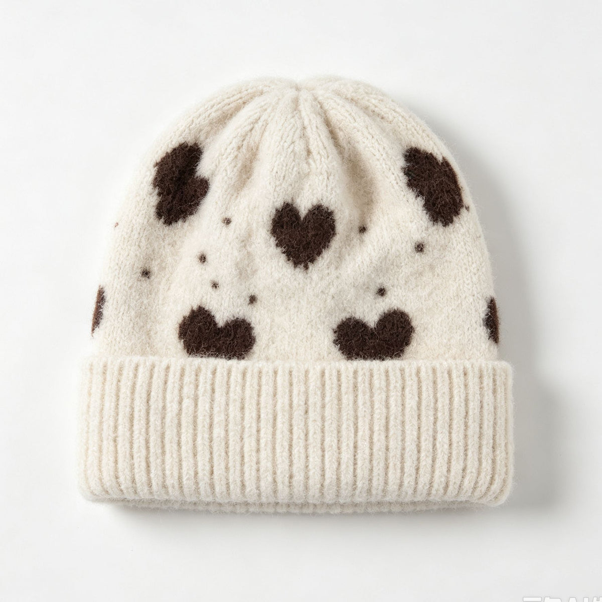 Heart Pattern Fold Over Cuff Knit Beanie - Beige - 1