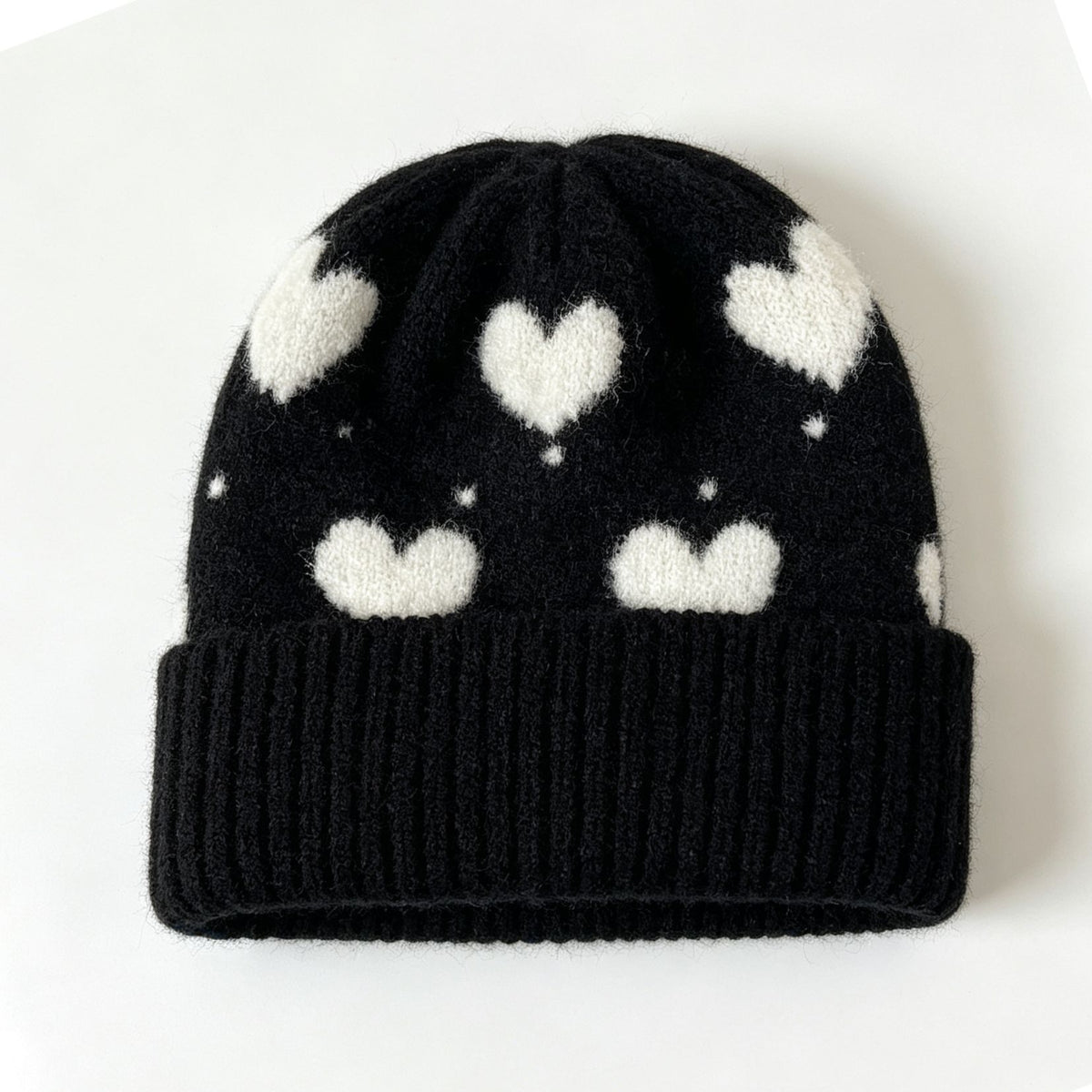 Heart Pattern Fold Over Cuff Knit Beanie - Black