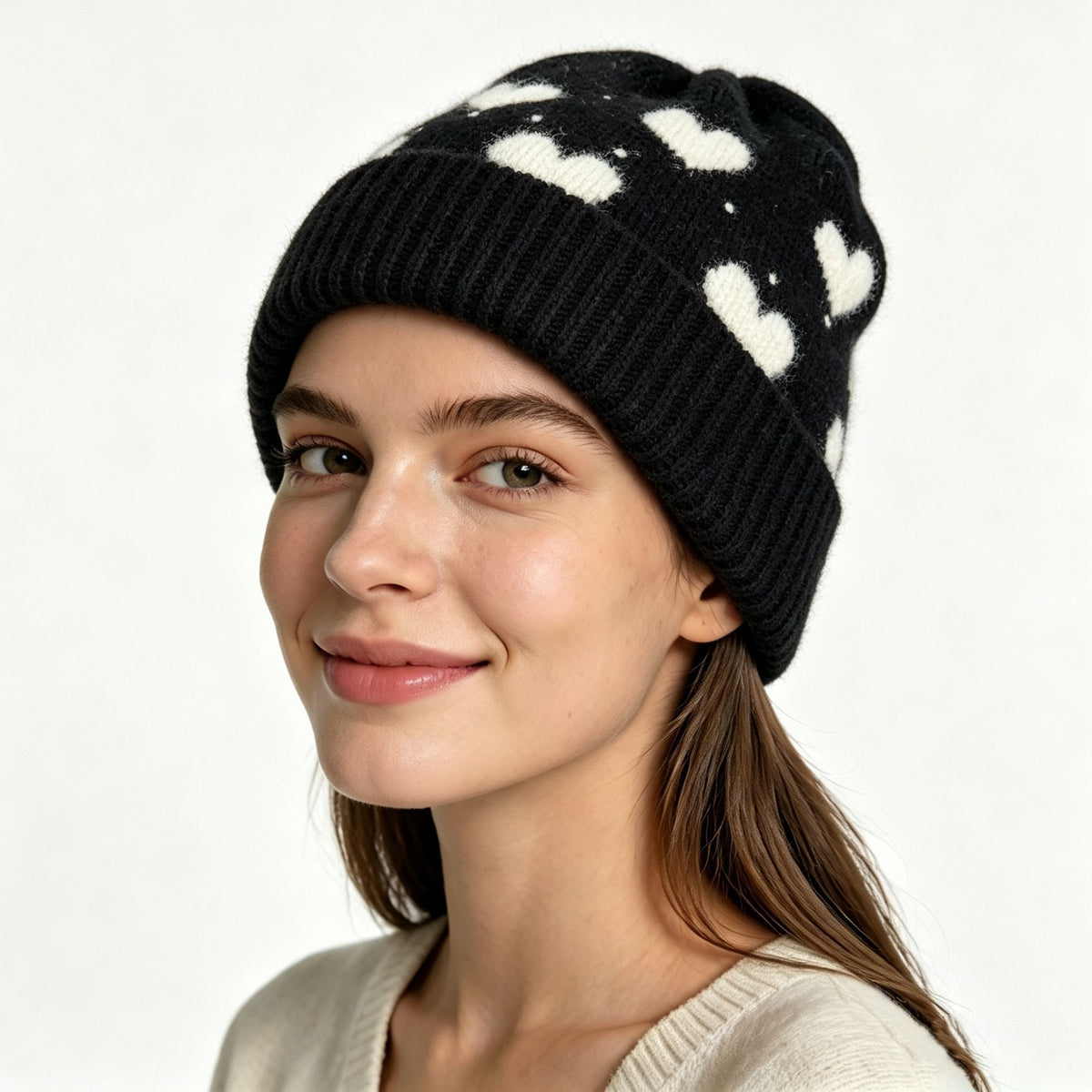 Heart Pattern Fold Over Cuff Knit Beanie - Black - 1