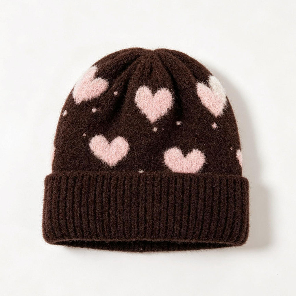 Heart Pattern Fold Over Cuff Knit Beanie - Brown