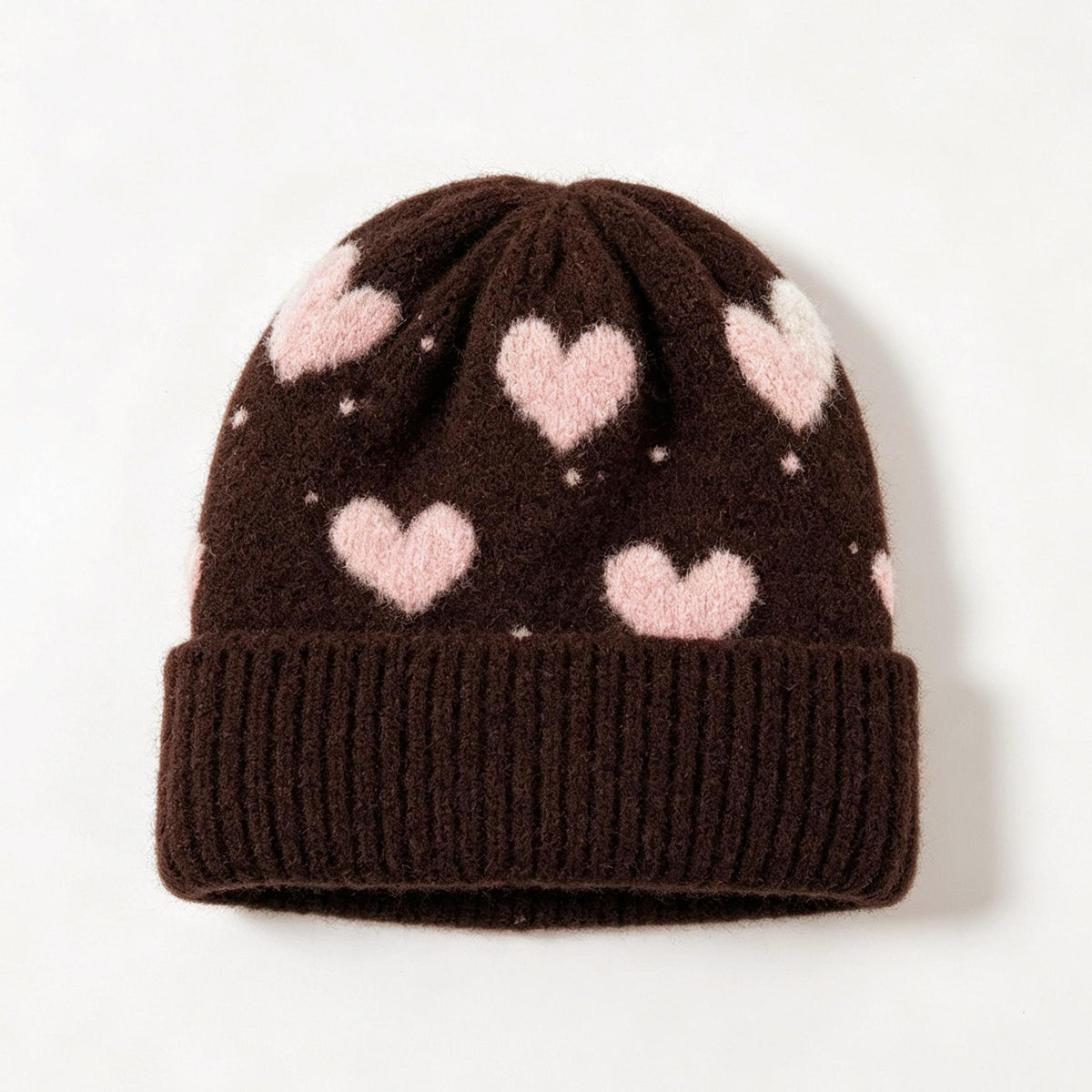 Heart Pattern Fold Over Cuff Knit Beanie - Brown