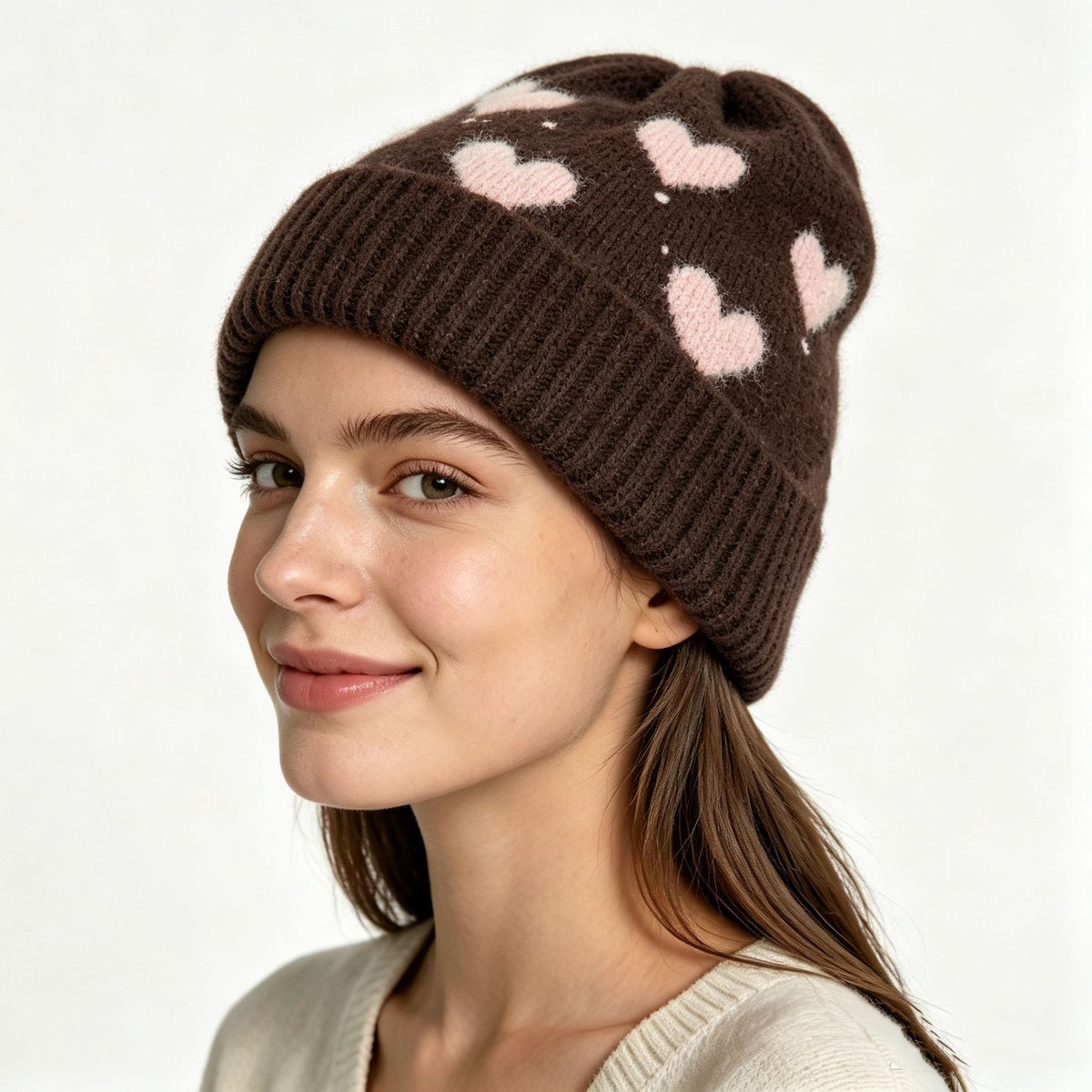 Heart Pattern Fold Over Cuff Knit Beanie - Brown - 1