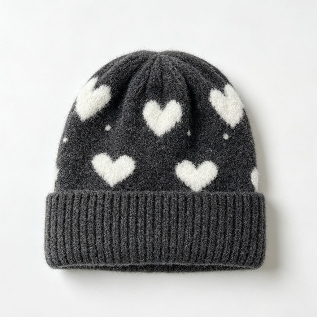Heart Pattern Fold Over Cuff Knit Beanie - DarkGrey
