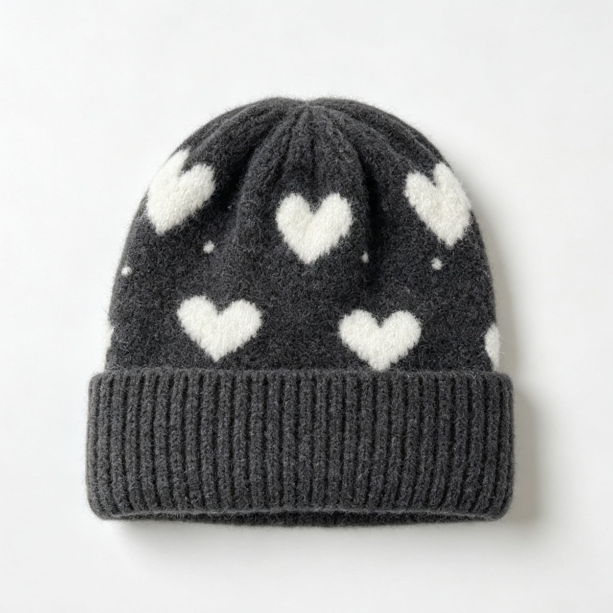 Heart Pattern Fold Over Cuff Knit Beanie - DarkGrey