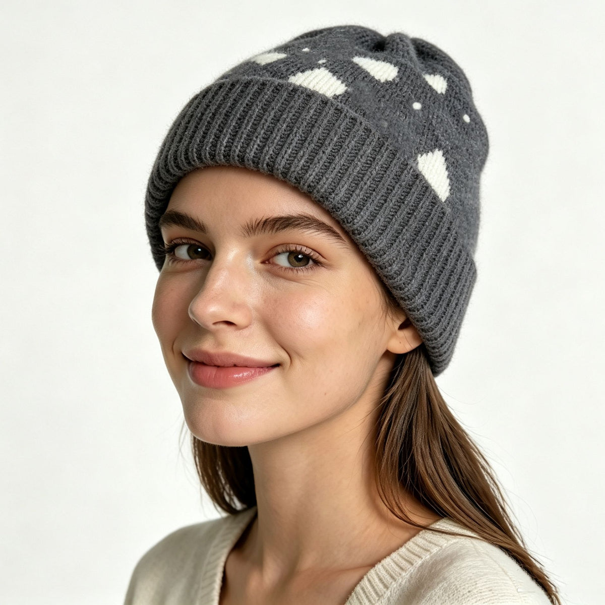Heart Pattern Fold Over Cuff Knit Beanie - DarkGrey - 1
