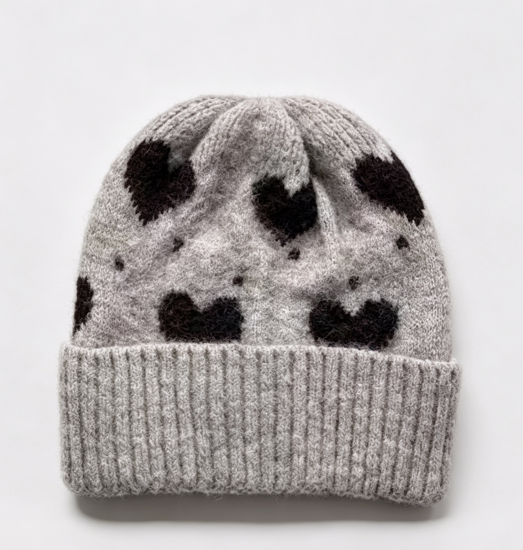 Heart Pattern Fold Over Cuff Knit Beanie - Grey