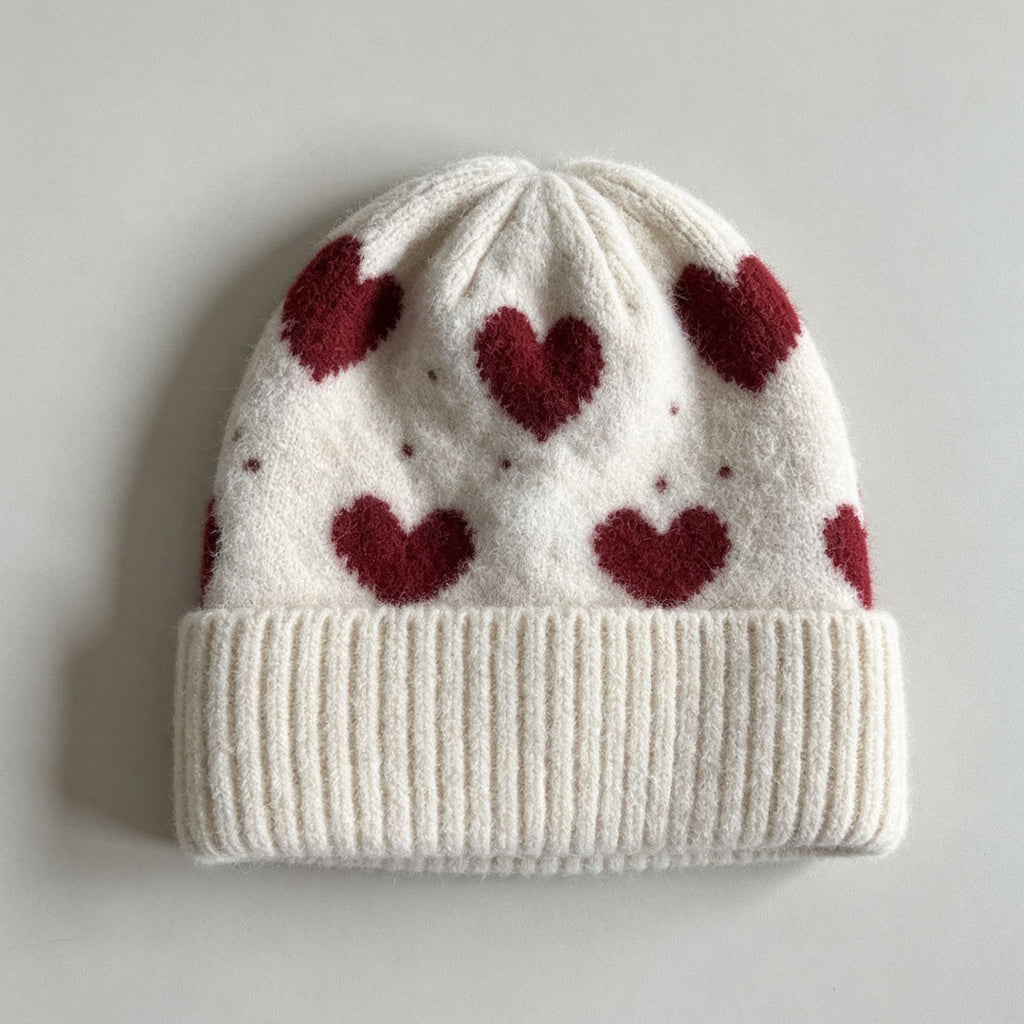 Heart Pattern Fold Over Cuff Knit Beanie - White