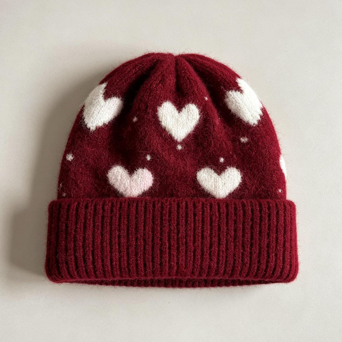 Heart Pattern Fold Over Cuff Knit Beanie - Wine_Red