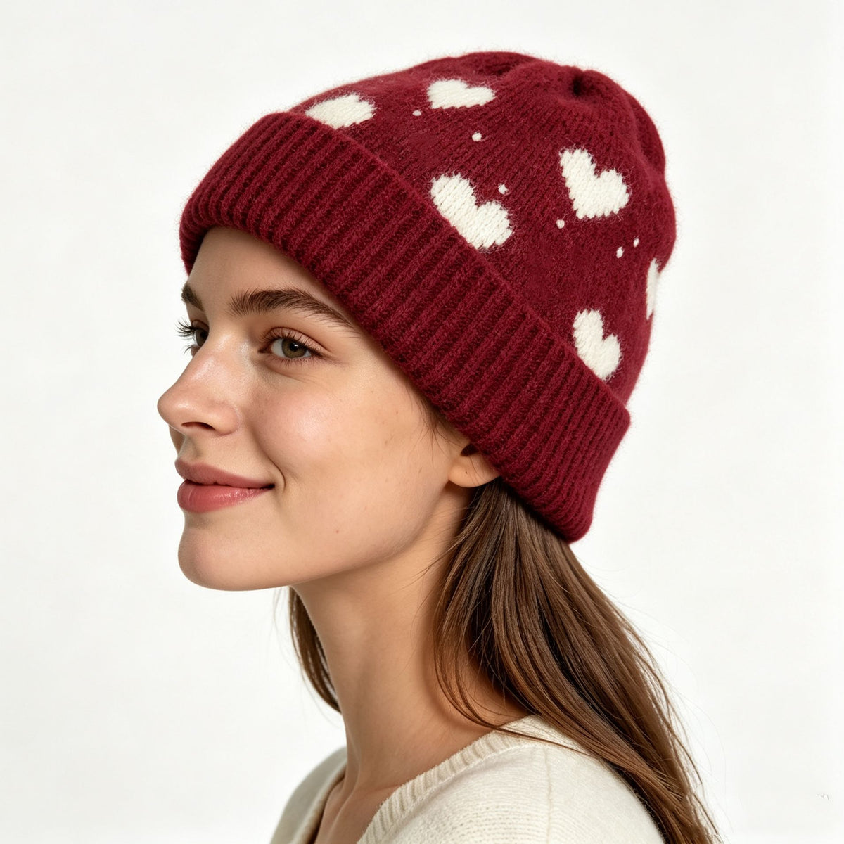 Heart Pattern Fold Over Cuff Knit Beanie - Wine_Red - 1