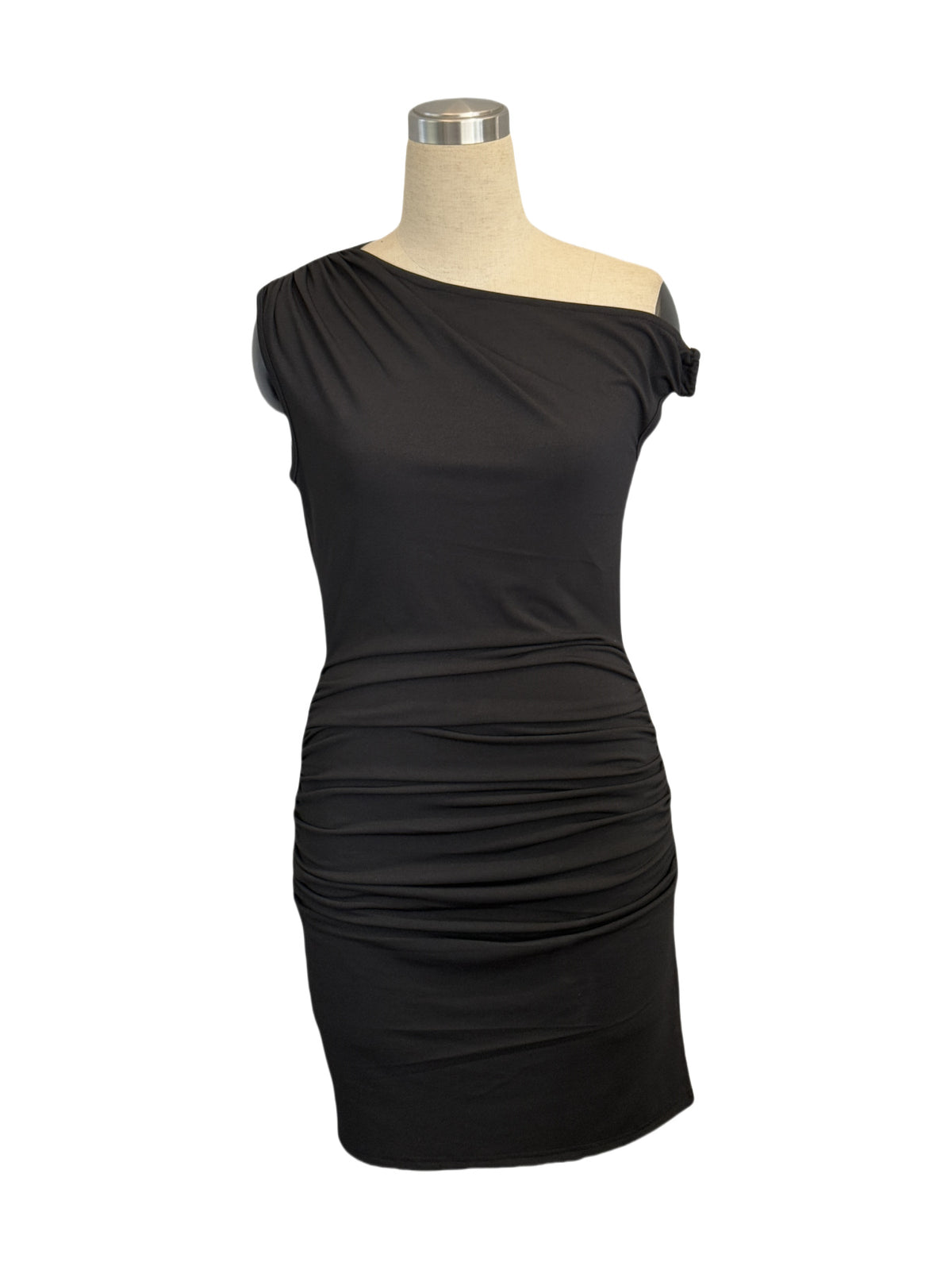 One Shoulder Ruched Bodycon Mini Dress - Black