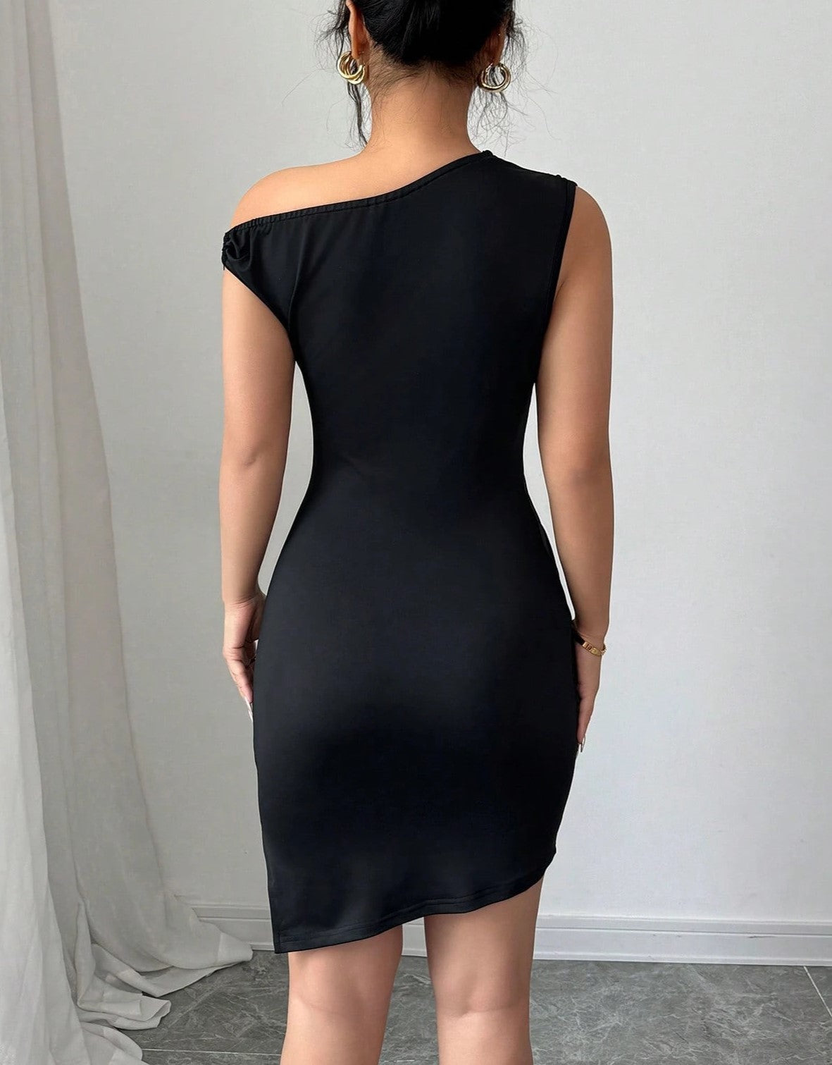 One Shoulder Ruched Bodycon Mini Dress - Black - 4