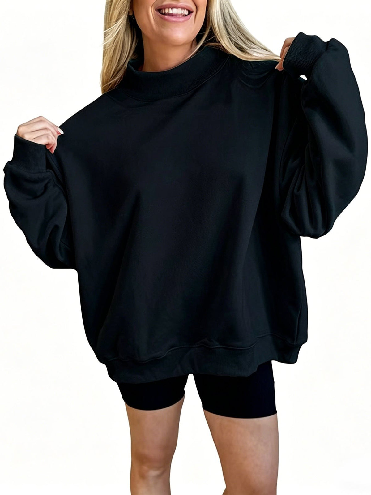 Oversized Balloon Sleeve Mock Neck Sweatshirt - Black